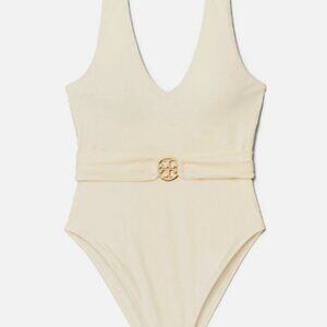 Tory Burch Miller Plunge One-Piece Swimsuit Ivory Cream Women's Size Small